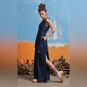 NWT Aakasha navy blue sleeveless linen tie back pocket maxi dress 2X R1